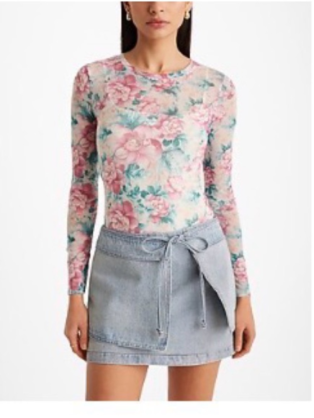 EXPRESS fitted mesh floral crew neck long sleeve bodysuit